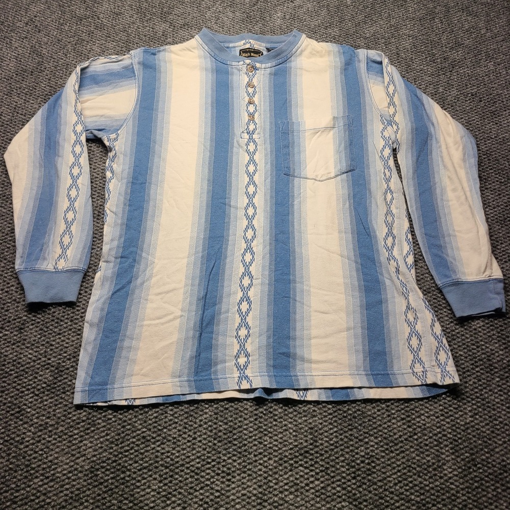 Vintage 90s High Moon Henley Shirt Men Medium White Blue Striped Cotton Western